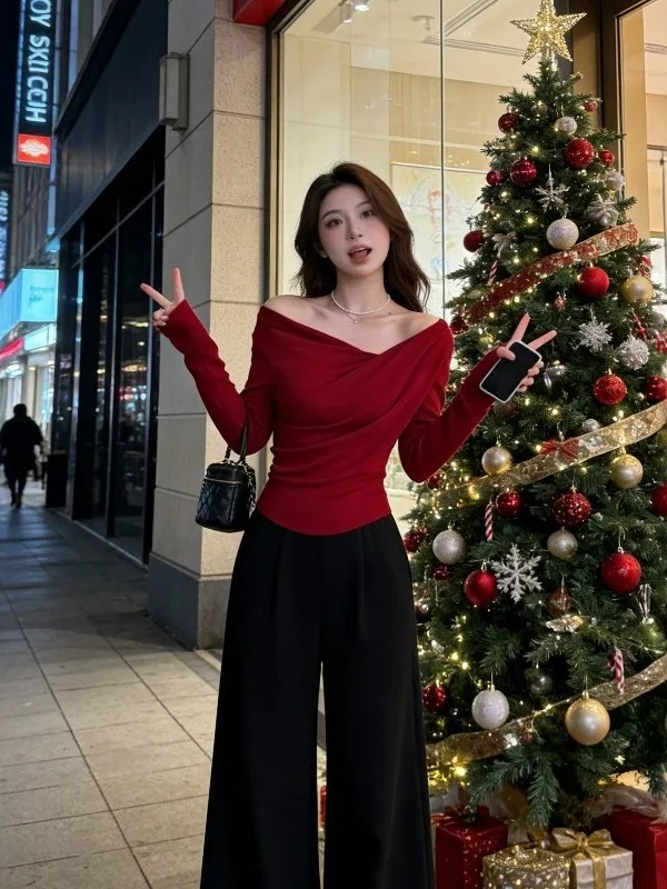 

Red One-oulder Long-Sve Knitted Sweater Women's Autumn Winter Slimming Waist Design New Year's Faion Inner Wear Base S...