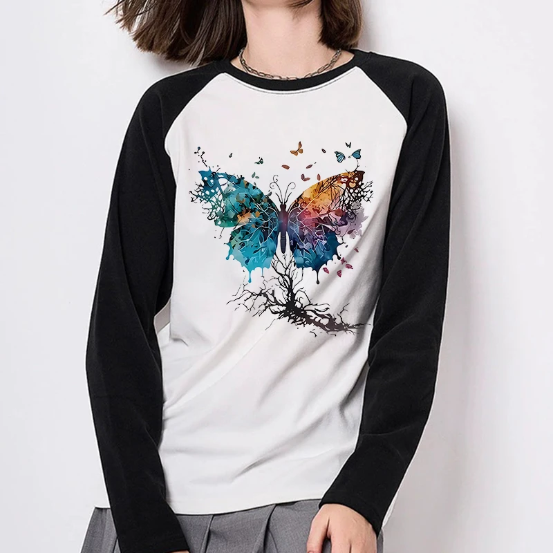 

Женские готические футболки, осенне-зимняя футболка с круглым вырезом и длинными рукавами, забавная футболка с яркими бабочками и цветочным принтом животных, одежда