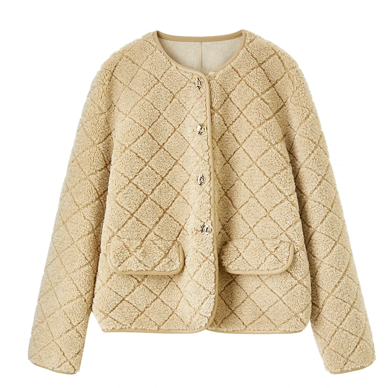 SENTUBILA Giubbotti in pelliccia finta da donna 2025 Argyle Girocollo Bottoni in metallo Cappotto in pelliccia sintetica Capispalla invernale da donna vintage W54WM3630X