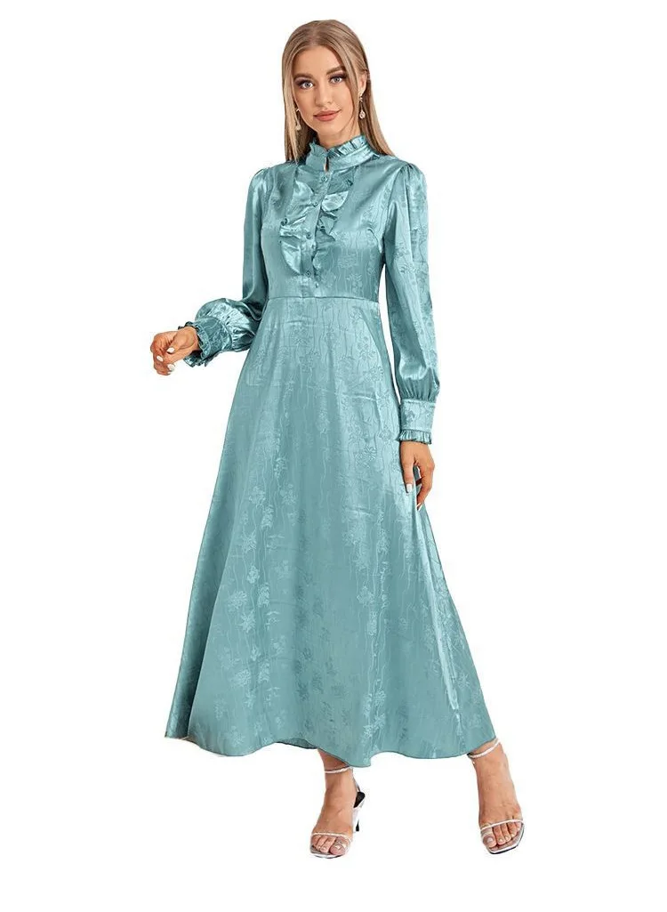 Women Eid Muslim Dresses Lantern Sleeve Turtleneck Gorgeous Dubai Party Dress Vestidos High Waist Solid Color Elegant Kaftan