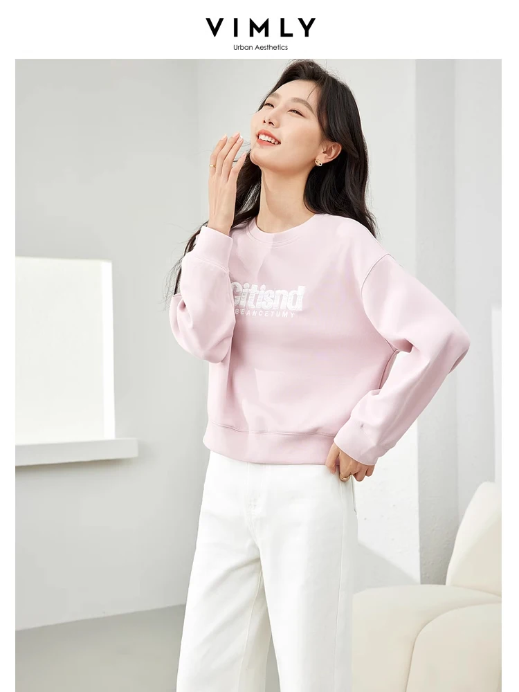 Vimly Light Pink O-neck Sweatshirts 2024 Spring New Letter Embroidery Straight Loose Pullovers Long Sleeve Top for Woman M5310