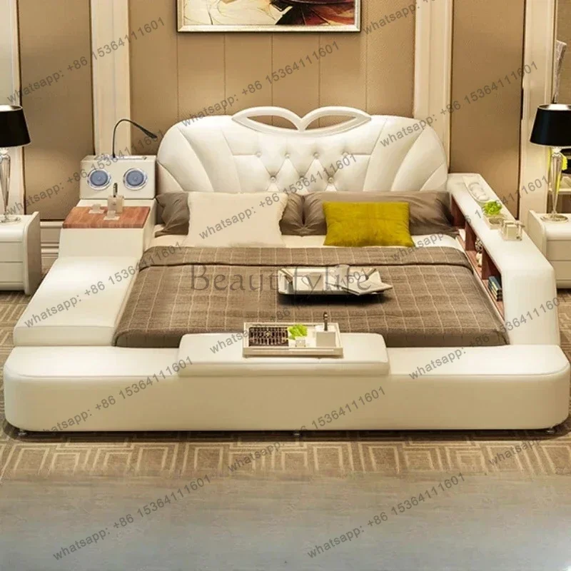 LJY Queen Size Storage Double Bed Modern Nordic Master Multifonction Frame Double Bed White Luxury Letto Matrimoniale Room Furni