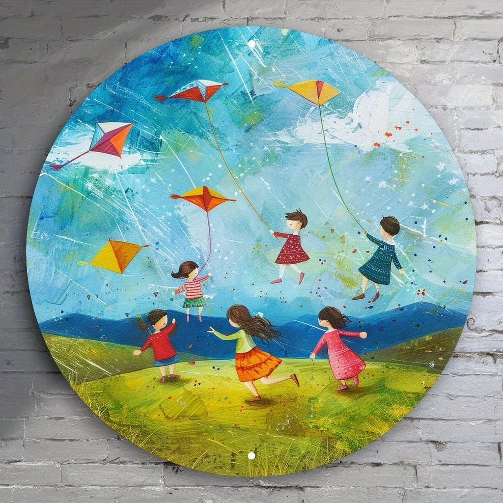 2D Flat - 2D Plane - 1 20X20 Cm Metal Sign, Depicting a Vivid Kite Flying Scene, Designed As a Round Wall Art Piece. This Framel