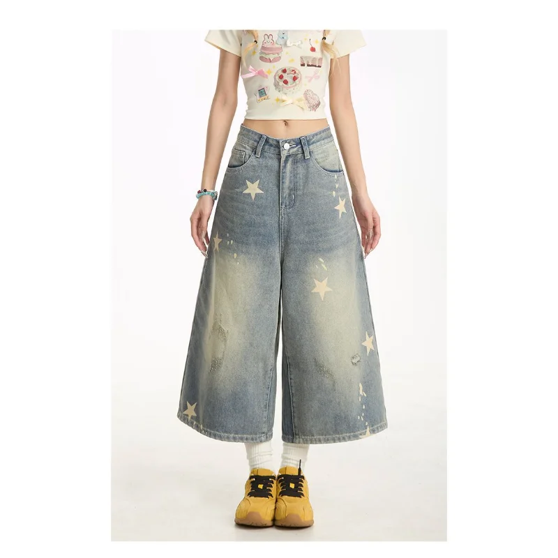 

Retro distressed star printed denim new style loose super hot shorts for women