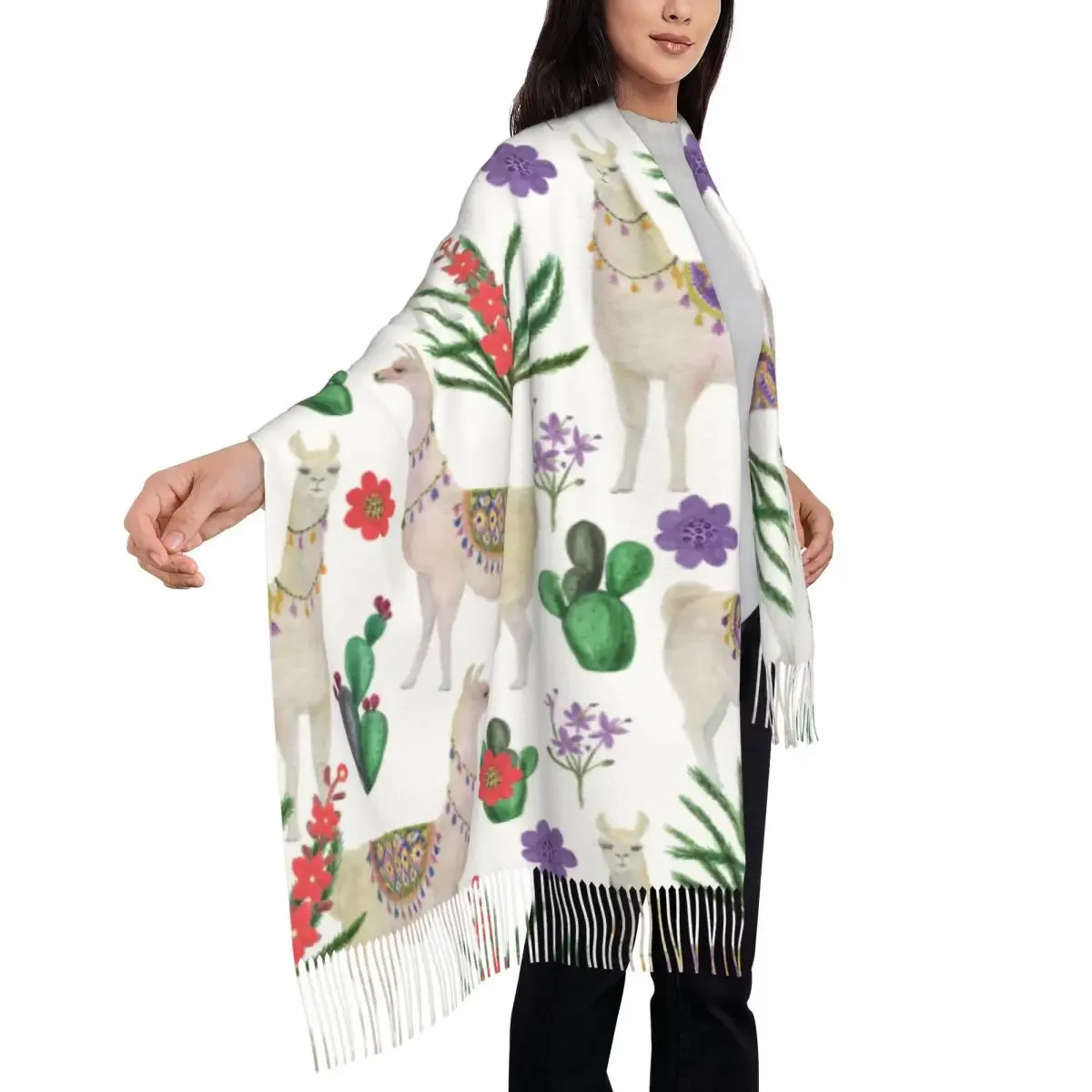 Watercolor Llamas And Cacti Women's Pashmina Shawl Wraps Fringe Scarf Long Large 