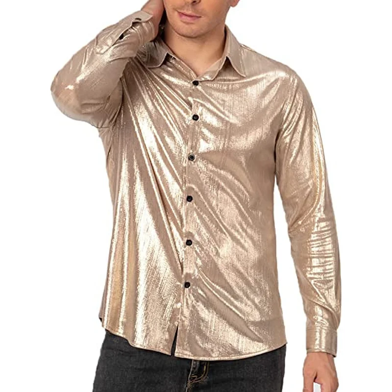 Mens Shiny Long Sleeve Dress Shirts For Party Wedding 70\'s Disco Metallic Cosplay Christmas Halloween Clothing Banquet Chemise