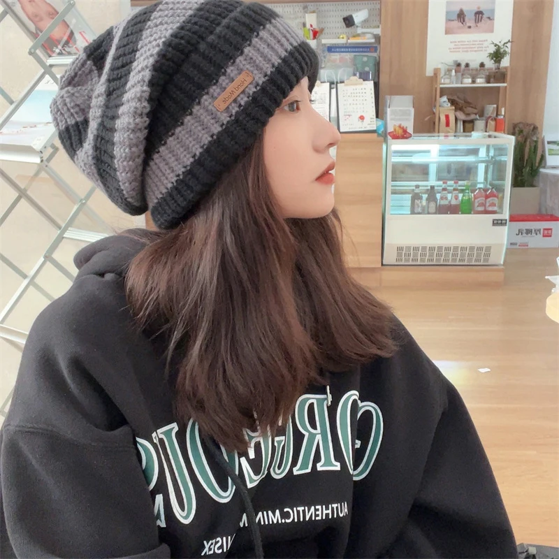 الشتاء قبعة تدفئة المرأة عادية مكدسة قبعة صغيرة محبوكة قبعة رجالية مخطط الهيب هوب للجنسين المرأة قبعة تسلق الجبال وشاح #3