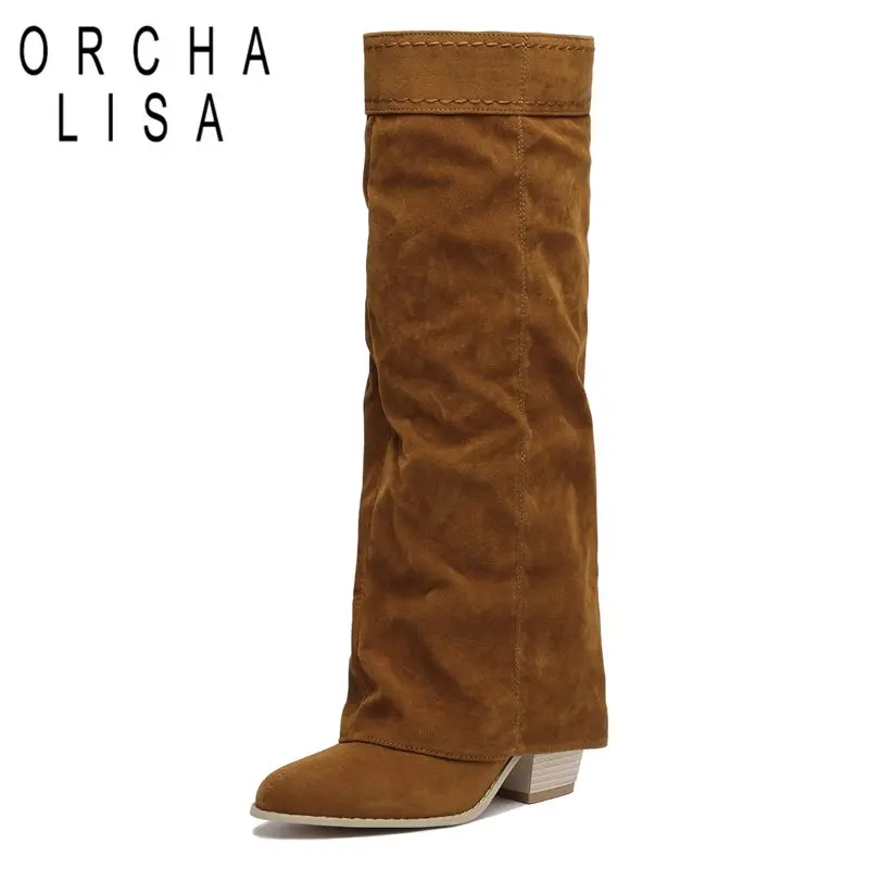 

ORCHA LISA 2025 Новый дизайн Женские сапоги до колена из флока Замшевые туфли с круглым носком и блочным каблуком 7 см без шнуровки плюс размер 42 43 44 Dating Bota