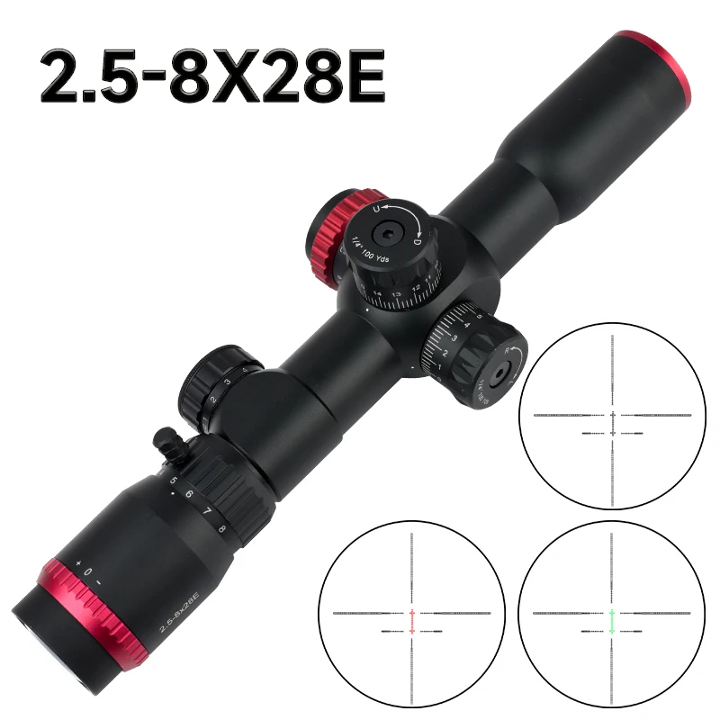 2.5-8x28E Rifle Scope FFP Double Cross Reticle Hunting Scope Red/Green with Illuminated Optics Airsoft Spotting Sight 11/20mm