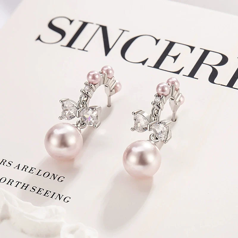 French Pink Pearl Earrings for Women 2026 New Popular Zircon Bow Earring Sweet and Romantic Ear Jewelry KOFSAC