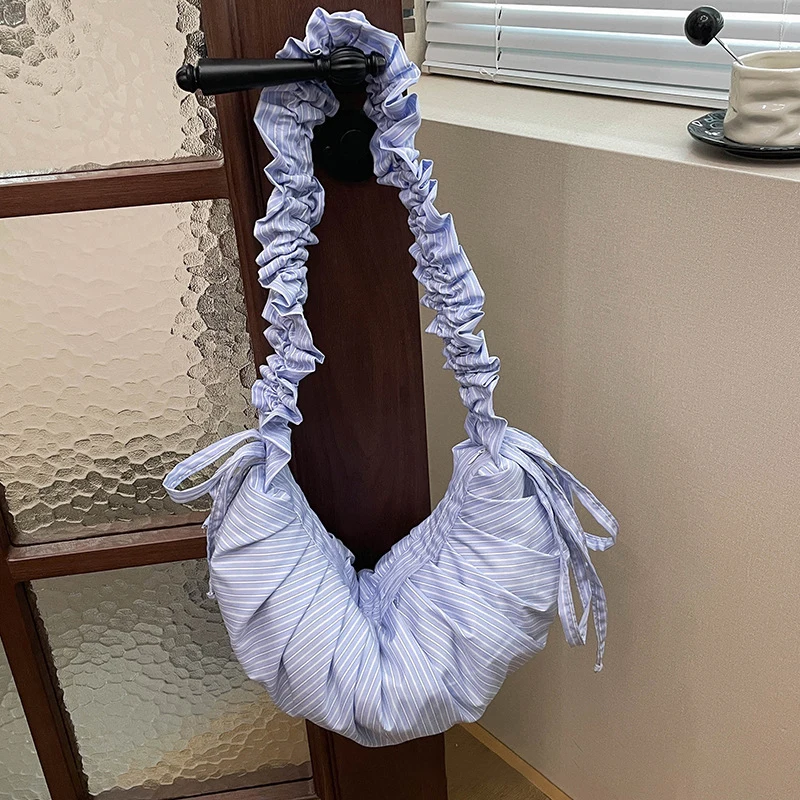 Gestreifte Plissee-Umhängetasche mit Kordelzug, koreanische weiche lässige Dumpling-Cloud-Tasche, Damen-Handtasche mit großer Kapazität und geringem Gewicht – Detail 8