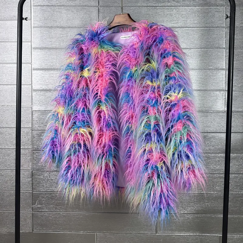 2026 Fashion Faux Fur Jacket Women's Color Tie-dyeing Mongolia Sheep Fur Coat Autumn Winter O-neck Loose Streetwear Outerwear