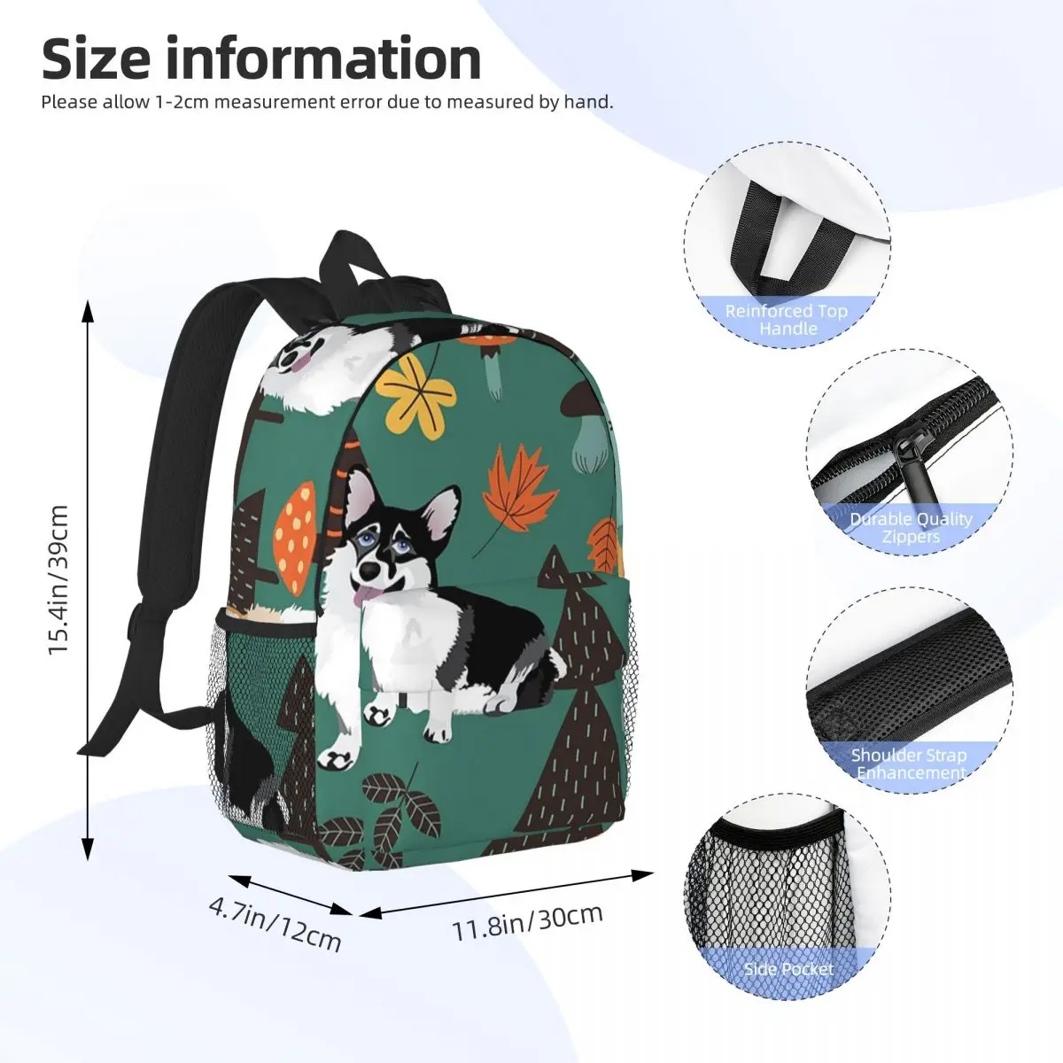 Corgis In Fall Forest - Dark Teal Backpacks Teenager Bookbag Fashion Children School Bags Travel Rucksack Shoulder Bag