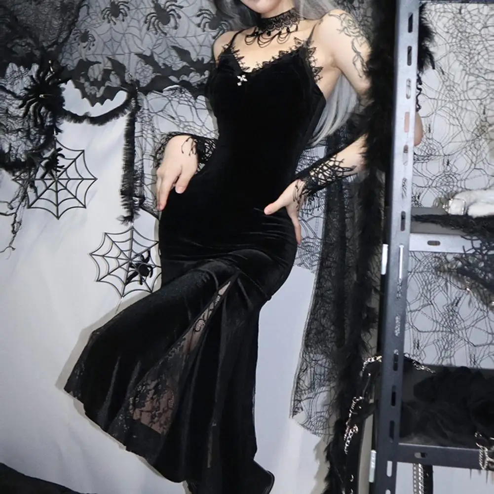 

Slim Fit Midi Dress Gothic Medieval Halloween Cosplay Dress with Lace V Neck Fishtail Hem Women's Vintage Stage for Performance