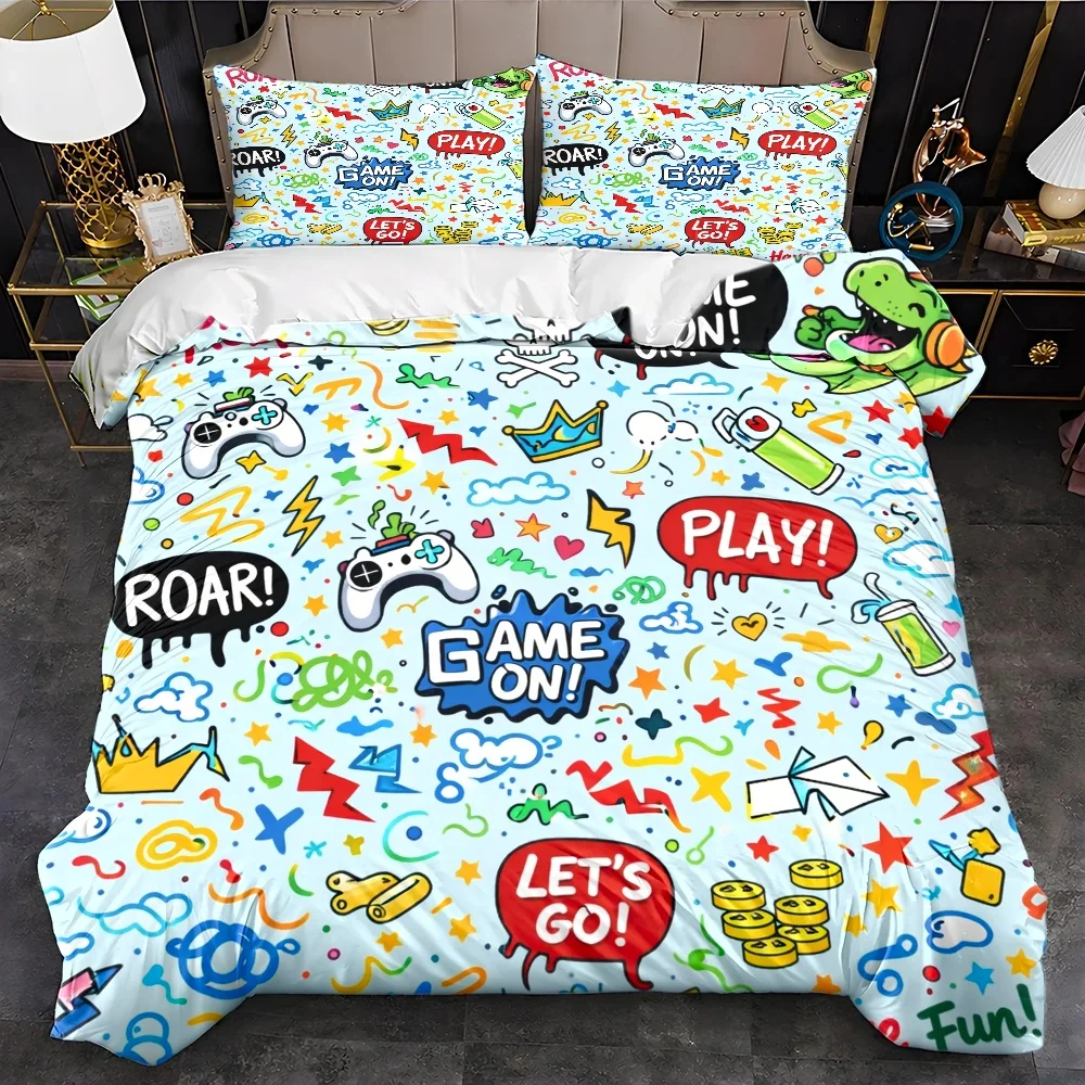 3Pc Cartoon Game Theme Duvet Cover Set, Three-Piece Bedding Set (1 Duvet Cover + 2 Pillowcases), Suitable for All Seasons, Machine Washable, Hidden Zipper Design, Large Double Bed Cover Set, Suitable for Home, Dorm, Master Bedroom, Guest Room, Fun Graffiti Design