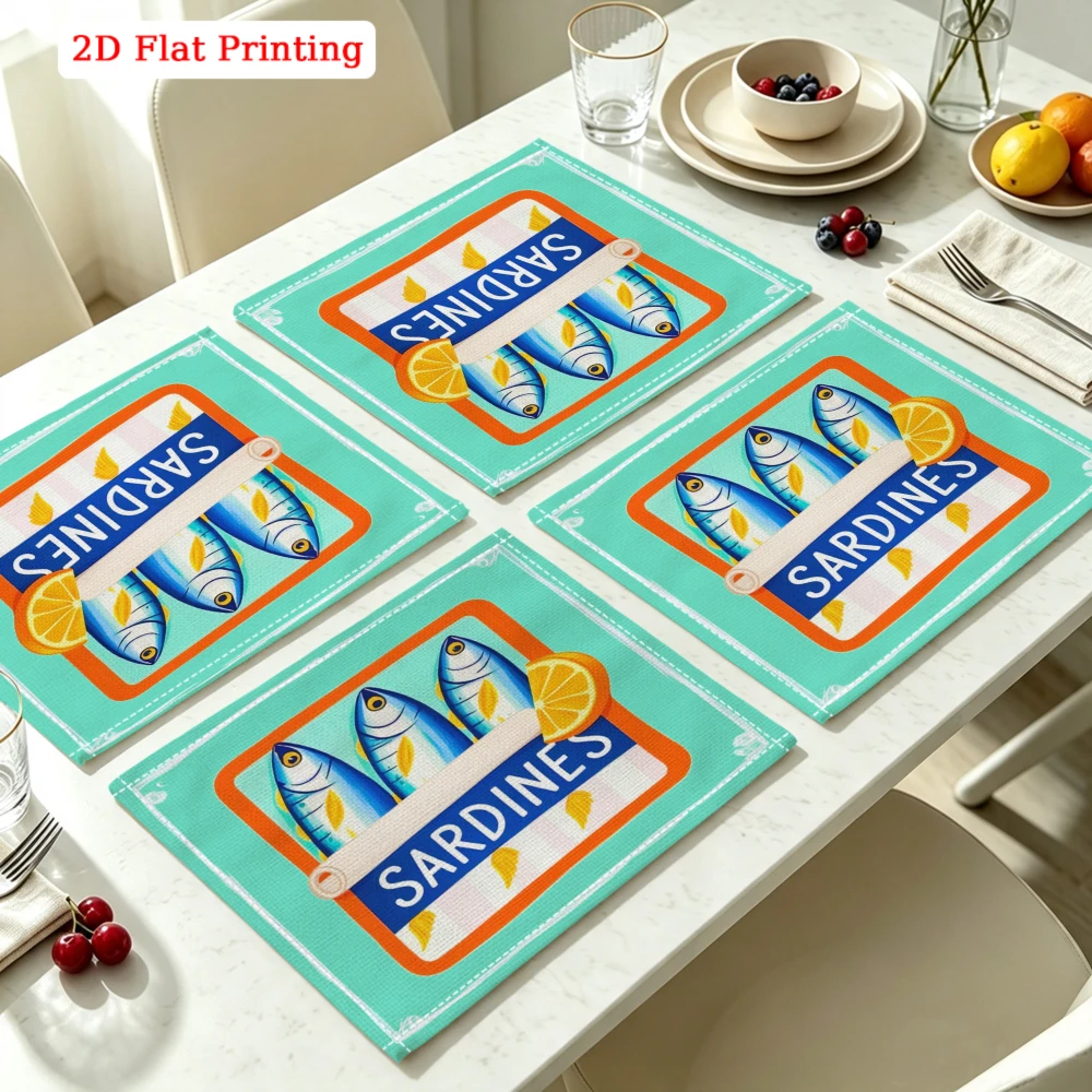 2Pcs Retro Sardines Placemat Teal Blue Fish Canned Label Print Table Mat Kitchen Dining Decor Non Slip Heat Resistant 30X40Cm