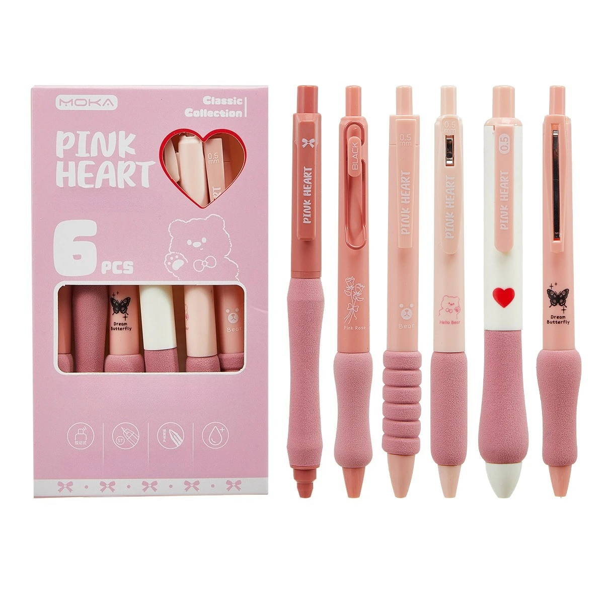 

Six different styles of push-button gel pens, suitable for journaling, diaries, highlighting, holiday party gifts, office signin