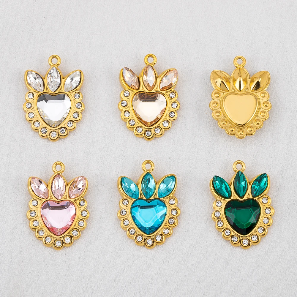 1p Corona in acciaio inossidabile Top a forma di cuore Ciondolo in pietra principale Retro Light Ciondolo in stile di lusso Collana fai da te Orecchini Gioielli