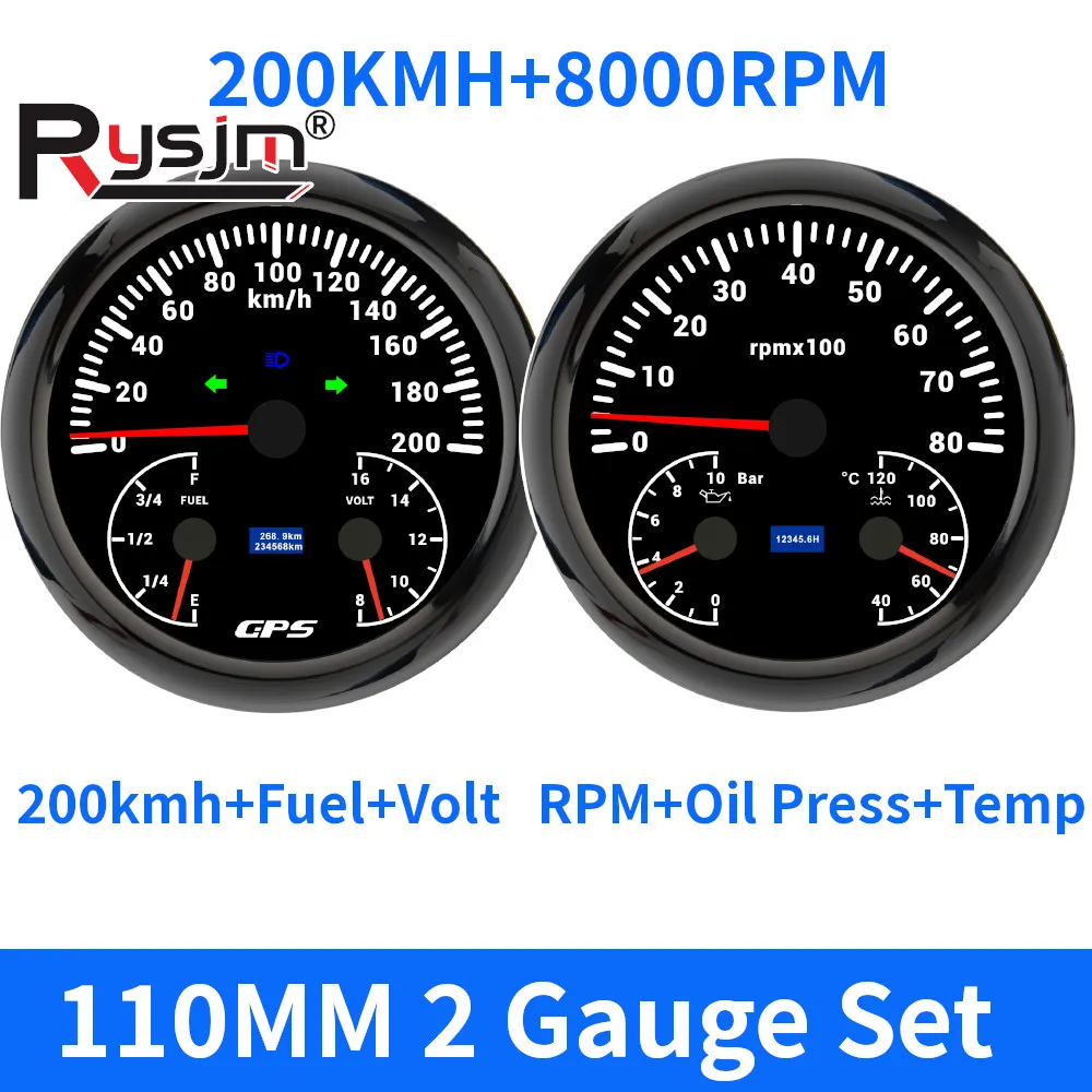 3 in 1 Multi-functional 110mm 2 Gauges Set 200KM/H GPS Speedometer+Fuel +Volt 8000RPM Tachometer Oil Press Water Temperature