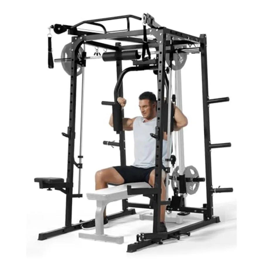 Smith Machine Home Gym Squat Rack with LAT Pull Down Chest Station for Strength Training 2000LBS Capacity Multi-Function Workou