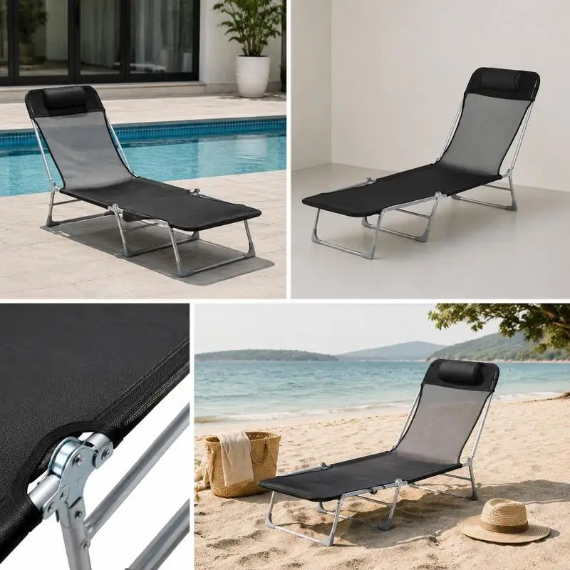 Transat de bain de soleil inclinable et pliable avec oreiller et dossier réglable sur 5 positions, Ebony Black