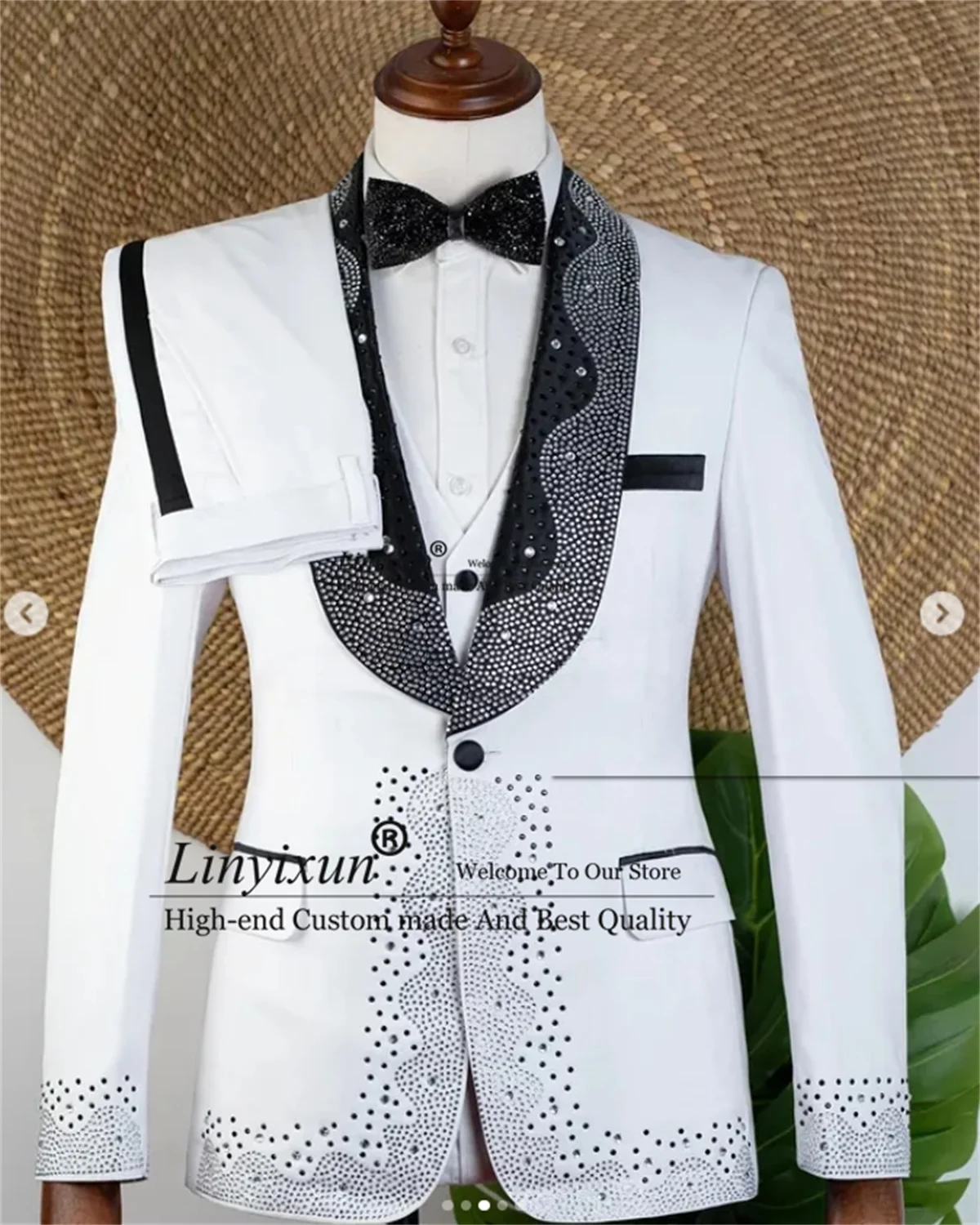 

Glitter Gem Stones Beaded Tuxedo Men Suit 3 Pieces Sets Groom Party Prom Blazers Customized Shawl Laepl Slim Fit Costume Homme