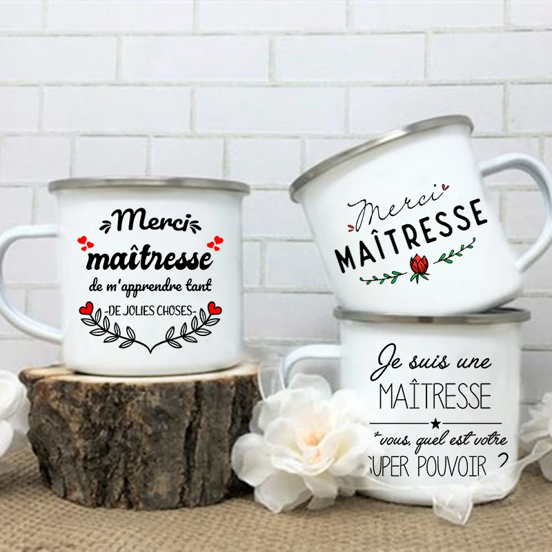 Merci Maîtresse Print Mugs Creative Coffee Cups Drinks Water Milk Cup Enamel Mug School Home Handle Drinkware Gift for Maîtresse