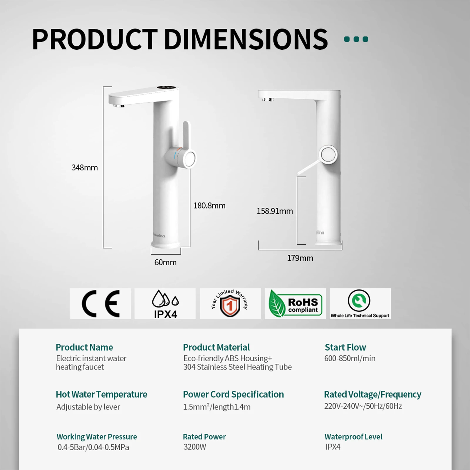 سخان مياه 2 في 1، سخان مياه فوري كهربائي للمياه الساخنة المستمرة مع تصميم مقبض غير قابل للانزلاق، صديق للبيئة ABS