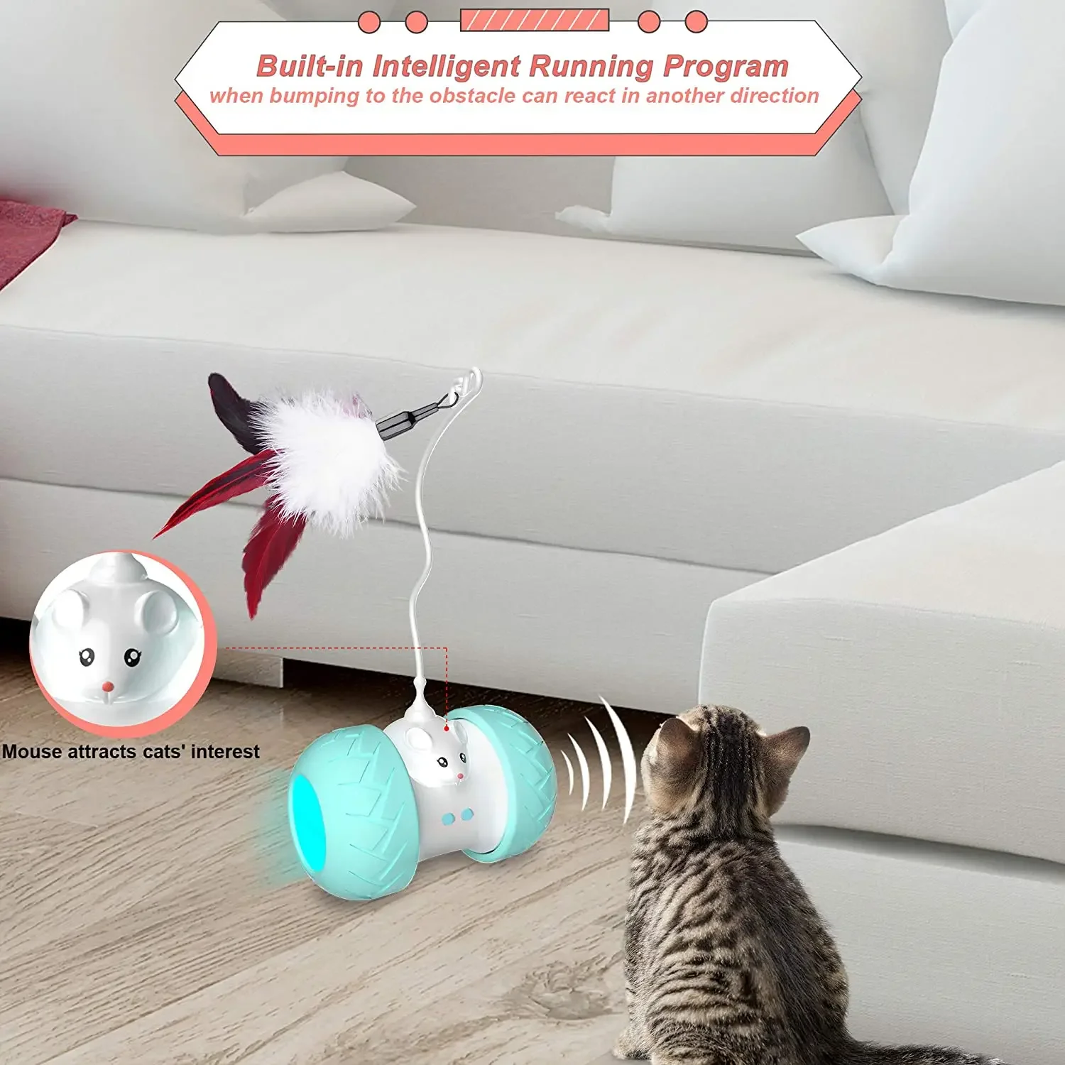 Juguetes interactivos para gatos de interior, juguetes automáticos para gatitos electrónicos con ratón y 3 plumas para que los gatos jueguen solo