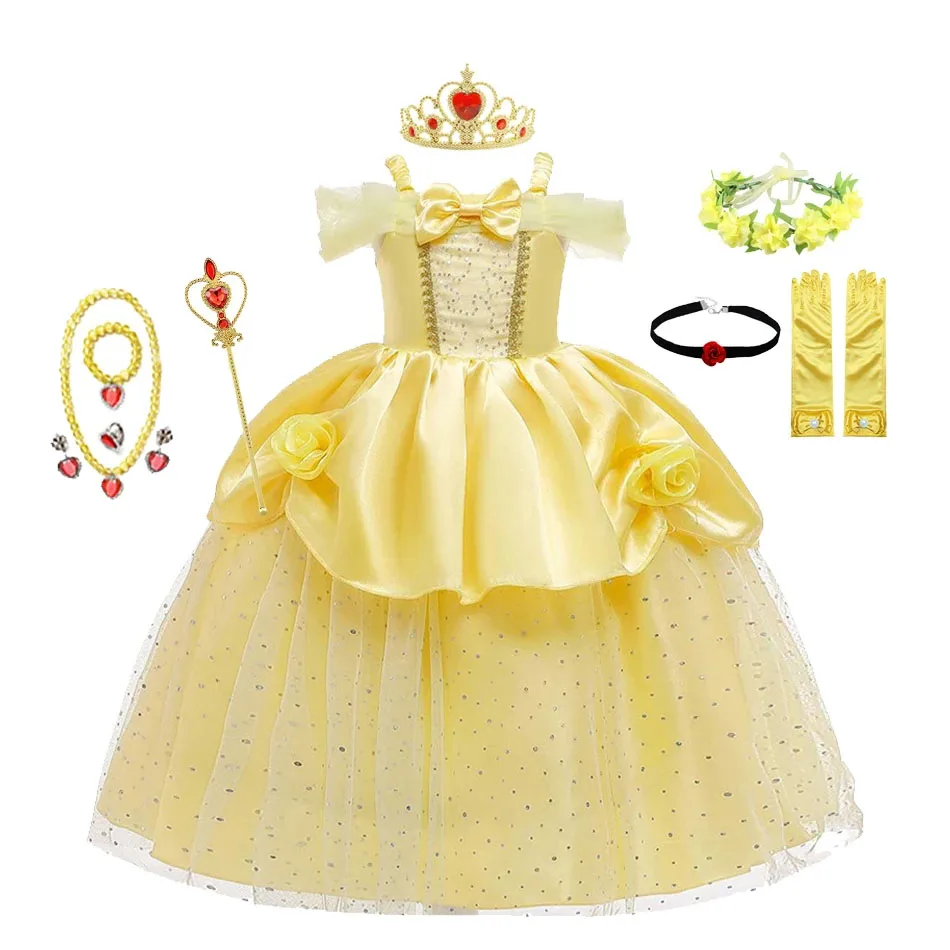 Princess Belle Cosplay Costumes Photography Clothing Girls Dresses for Beauty Kids Party Magic Stick Crown Children Costume