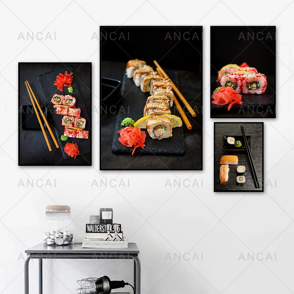 

Japanese Food Sushi Poster Restaurant Dining Hall Room Decoration Salmon Shrimp Canvas Painting Print Wall Pictures Home Decor