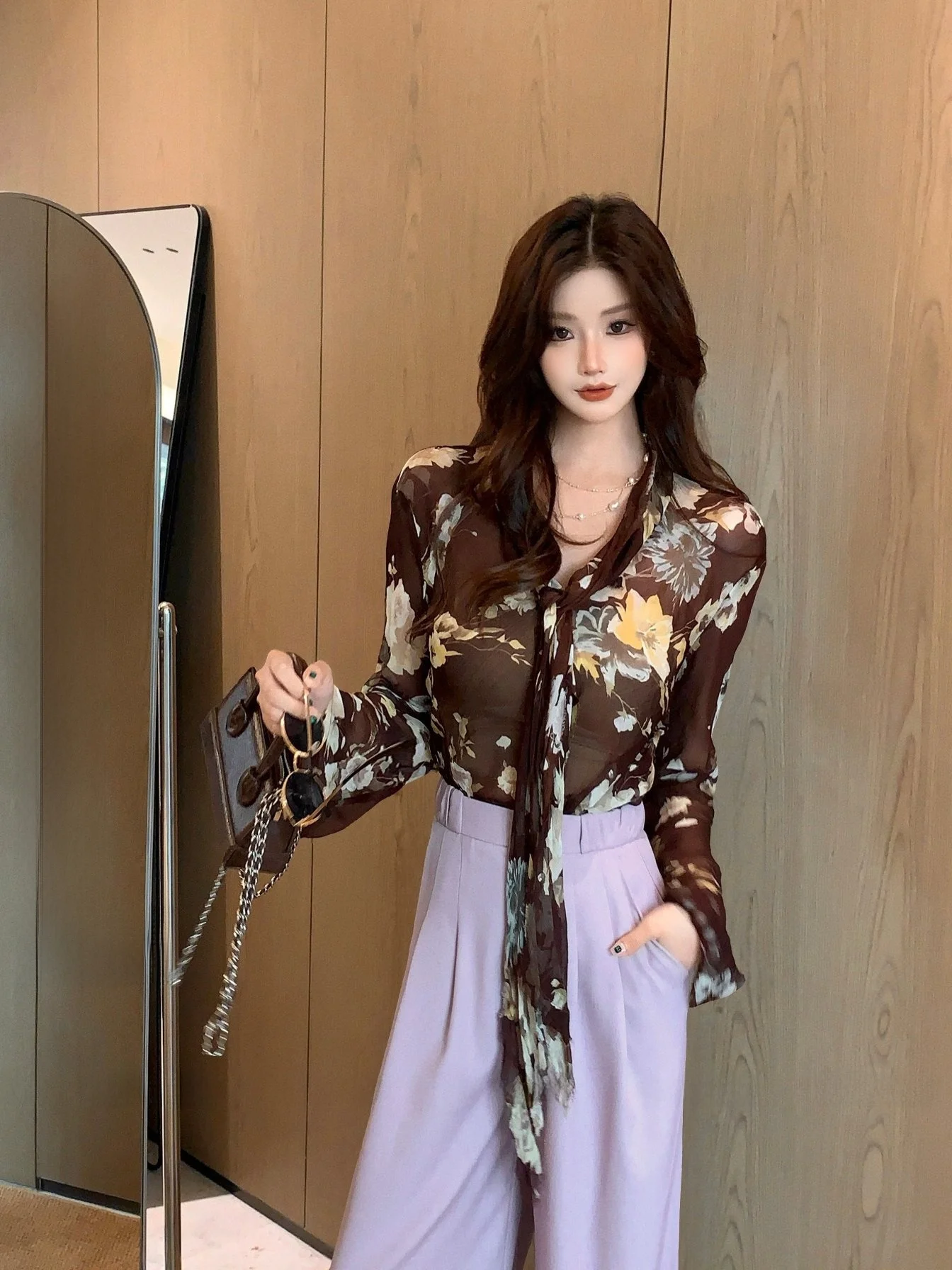 

New Dadada Vintage Sash Floral Pattern Women's Shirt Luxury Design Casual Style Long Sleeve V-Neck Polyester Fiber Breathable