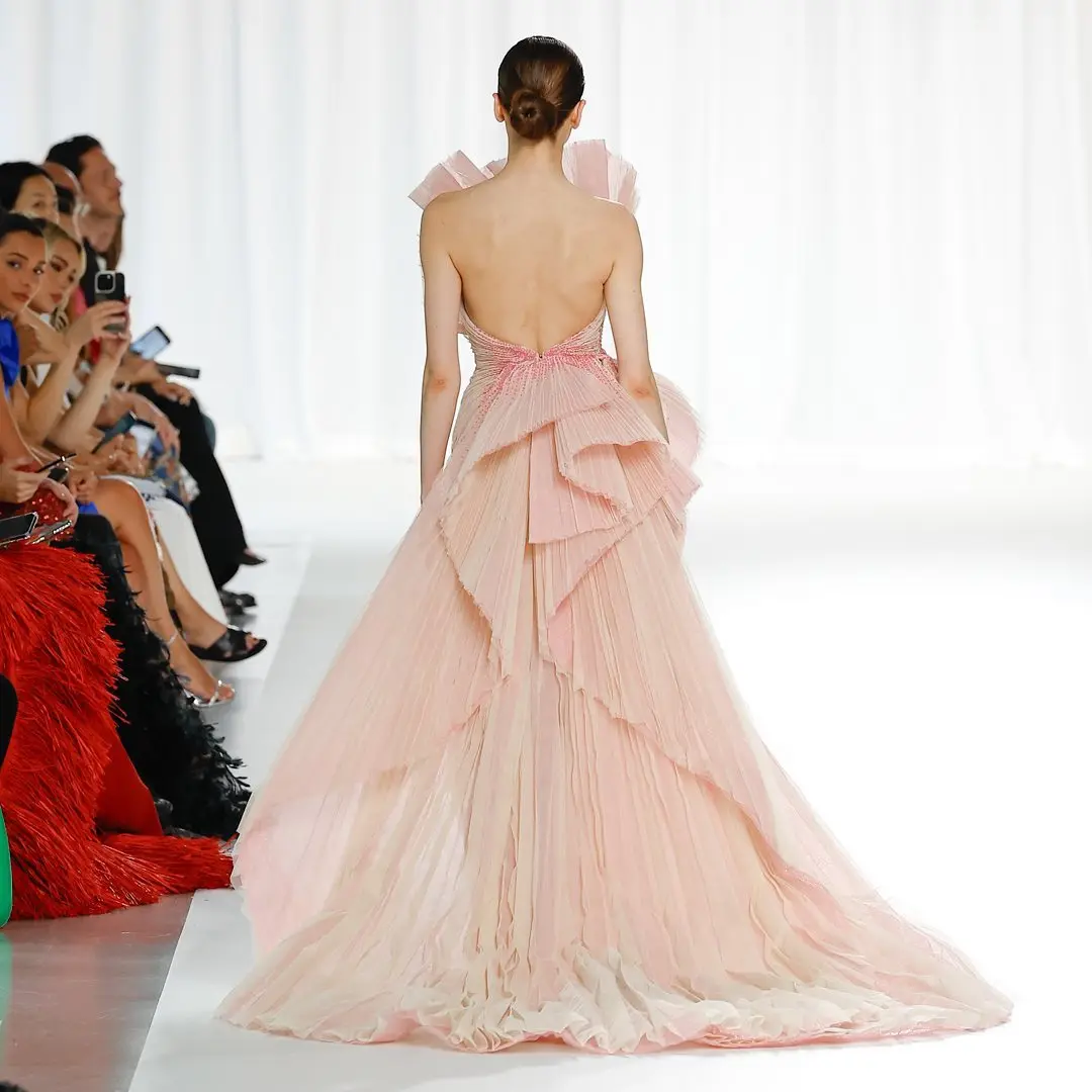 Coral Pink Pleated Tulle Prom Dresses with Structural Collar and Overskirt Unique Design Pleats Formal Occasion Dress Party Gown