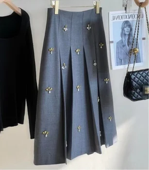 Elegante cristal plissado saias para as mulheres primavera outono inverno 2023 nova sólida saia coreana cintura alta a linha faldas vestido feminino