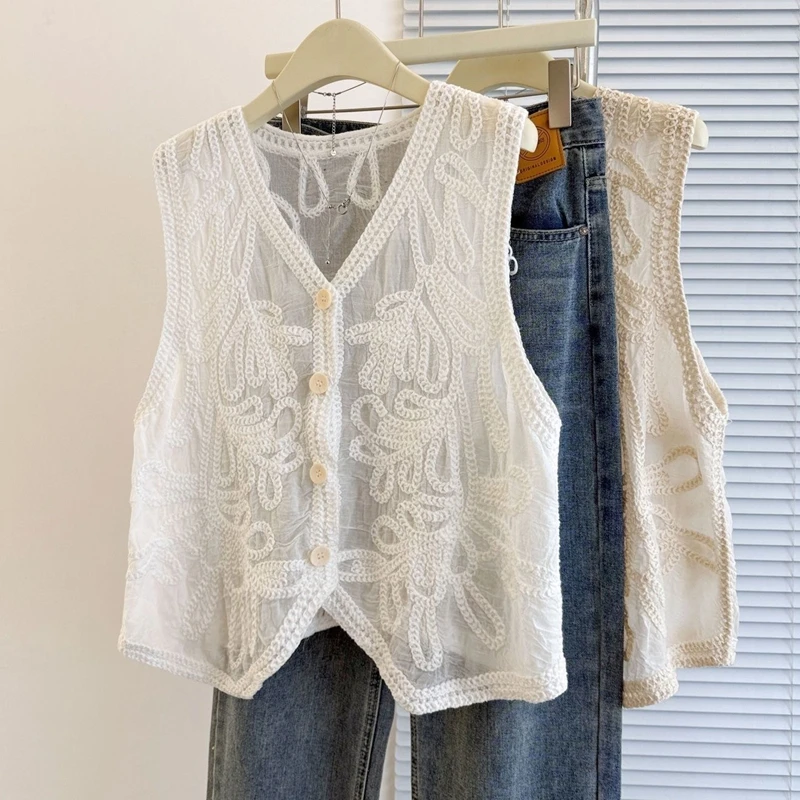 

Women's Summer Boho Style Beige White Crochet Vest V-neck Button-Up Sleeveless Cover Up Cardigan Coat Elegant Casual Loose Tops