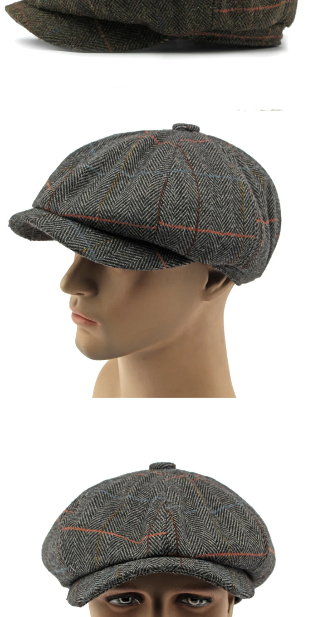 HT4255 Baskenmützen für Männer und Frauen, Retro-Künstler-Malermütze, karierte achteckige Ivy-Flachmütze für Herren und Damen, Herbst-Winter-Wollmütze – Detail 8