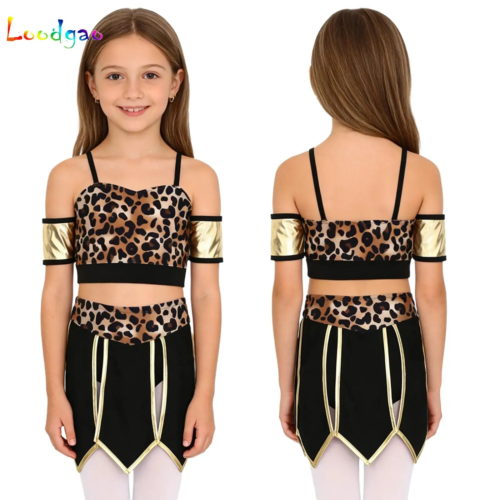 

Cave Girl Costume Kid Cavegirl 2 Pieces Cave Themed Outfits Leopard Sleeveless Tank Top with Slits Skirt Set for Book Characters