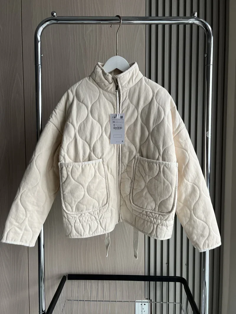 Women\'s Cotton Jacket Traf 2024 New Arrival Vintage Lenzing Rayon High Collar Large Pocket Decorative Quilted Coat for Women