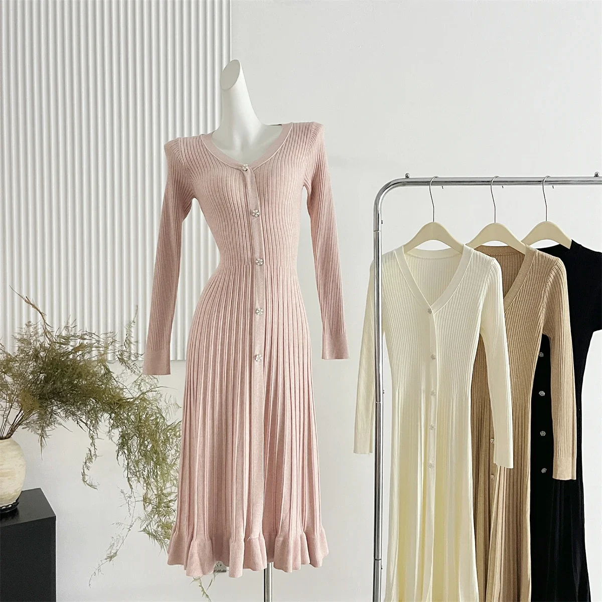 Autumn Winter French Retro Knitted Dress Women Slim V-neck Vertical Stripes Bodycon Sweater Dresses Ladies Elegant Long Robe