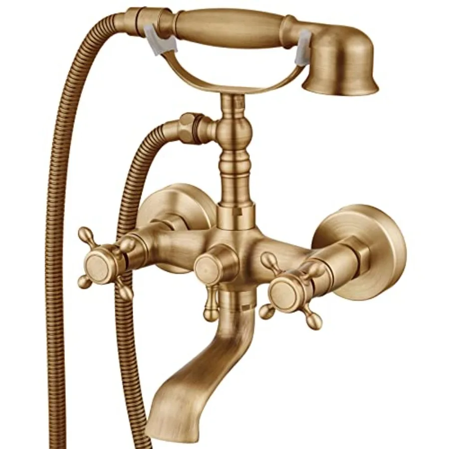 

Wall Mount Bathtub Faucet with Handheld Sprayer, Antique Brass, Vintage Double Cross Handle, Swivel Spout, Bathroom Telephone-S