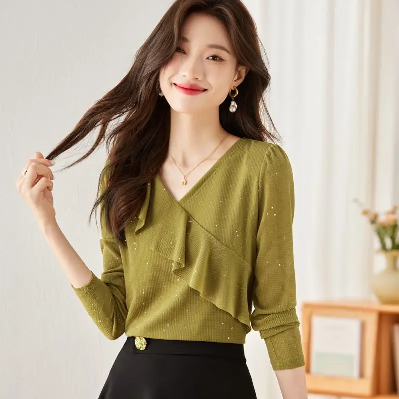 V-neck Lotus Leaf Side Length Sleeve Mesh Base Shirt Women's Top Autumn Outfit New OL Slim Fit Slimming and Stylish Small Shirt