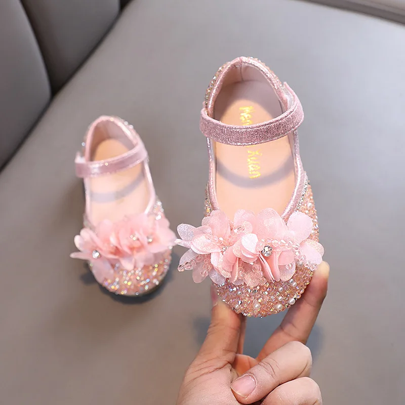 Girls\' Rhinestone Shoes 2024 New Children\'s Princess Shoes Soft Flower Kids Pearl Party Performance Shoes Sequin Show J192