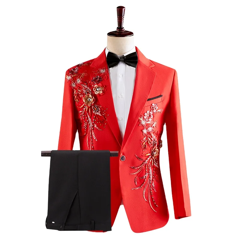 

Elegant Appliqued Two-piece Men's Suit for Wedding Banquet Host Dance Prom Men Blazer Chinese Style