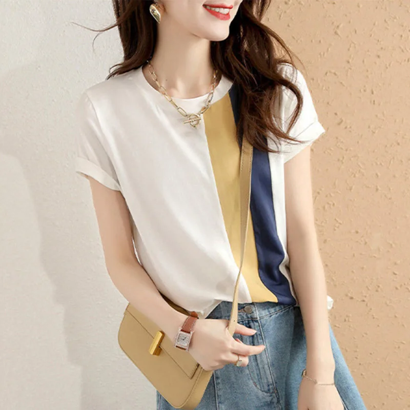 

round Ne Striped Pure Cotton ort Sve T-irt Color Blo Summer Top Women's Faion Sun Protection Clothing