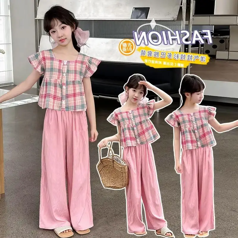 Summer Sweet and Casual Girls and Teenagers Pink Suit Square Collar Checkered Top+Wide Leg Pants Two Piece Set Kid 6-10 Year Old