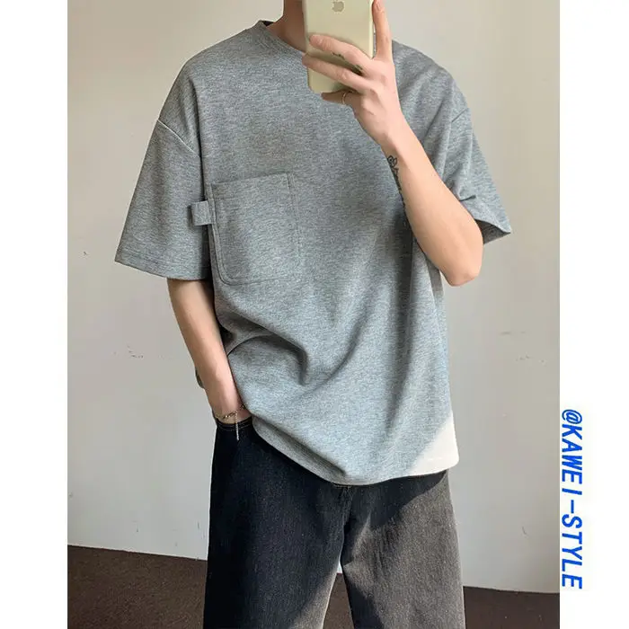 

Summer men's design pocket t-shirt bottoming shirt short-sleeved loose trend versatile solid color round neck half-sleeved tops