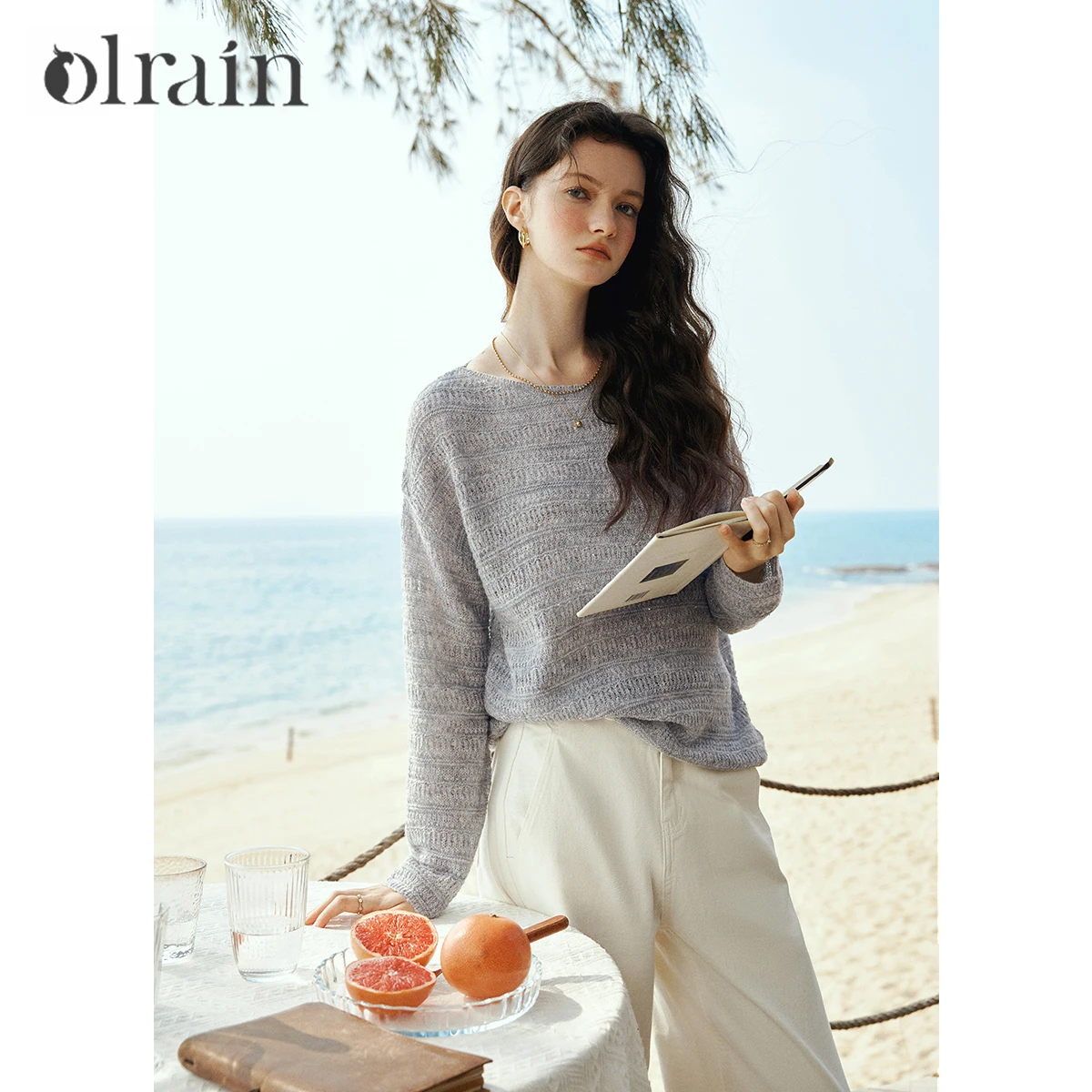 

OLrain Woman Hollow Out Jumper Elegant 2026 Spring Casual Slash Neck Knitted Pullover Long Sleeve Female Sweaters O58CZ002939