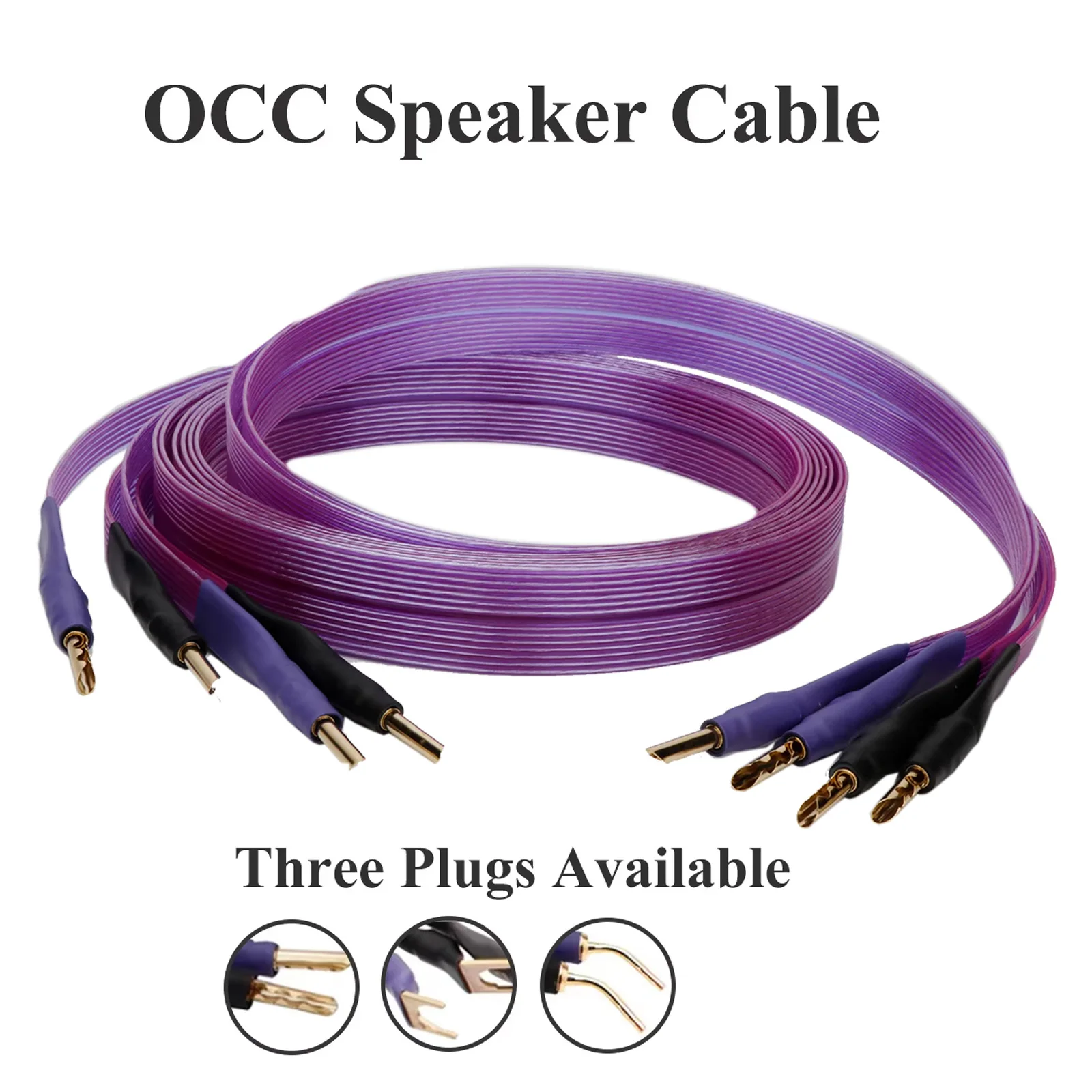 HiFi OCC Silver Plated Speaker Cable High End Pure Copper Flat Belt with Gold-plated Banana/Y-spade Plug Cable for CD Amplifier