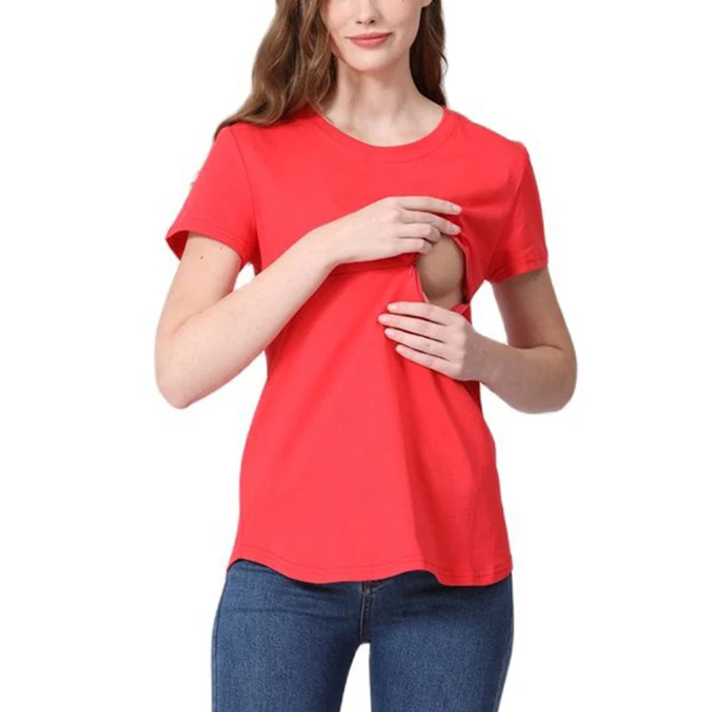 Camiseta de manga corta de algodón para mujer embarazada, ropa de lactancia Invisible con cremallera, Top de verano, 2023