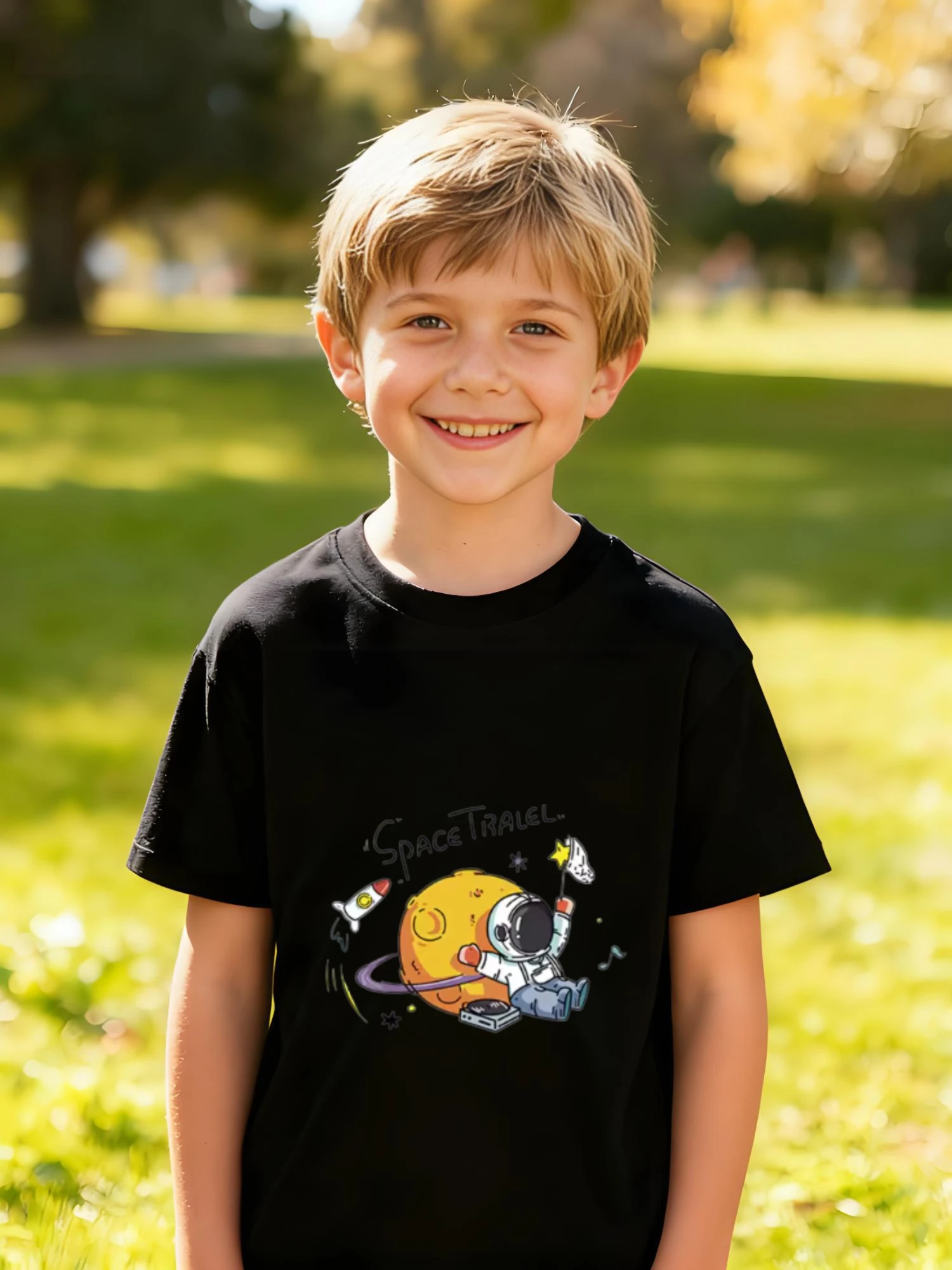 ​ Camiseta de algodón para niños, astronauta de viaje espacial en el planeta con lanzamiento de cohetes para niños y niñas, aventura de ciencia ficción ​